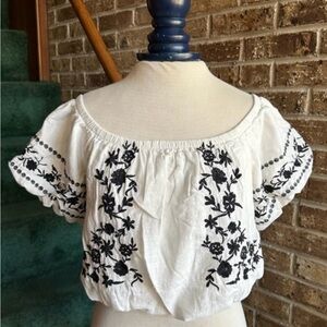 Embroidered Off-Shoulder Crop Top - White with Black Floral Embroidery